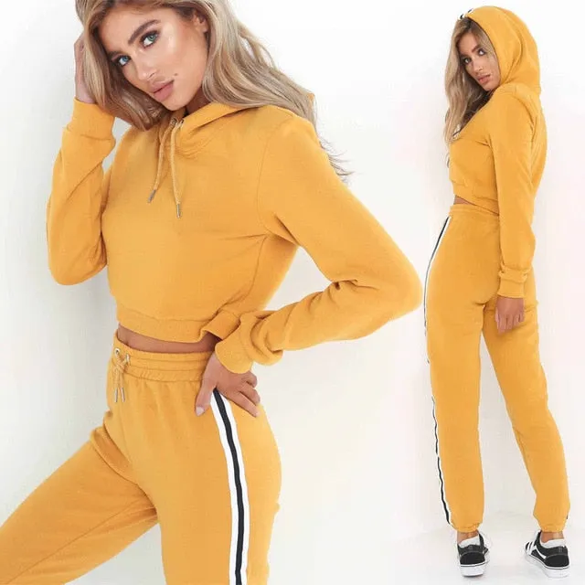 2 Pcs Women Tracksuit Hoodie Set Sweatshirt Crop Tops Long PantsCasual Set Sports Sweat Suit Leisure Wear 2020