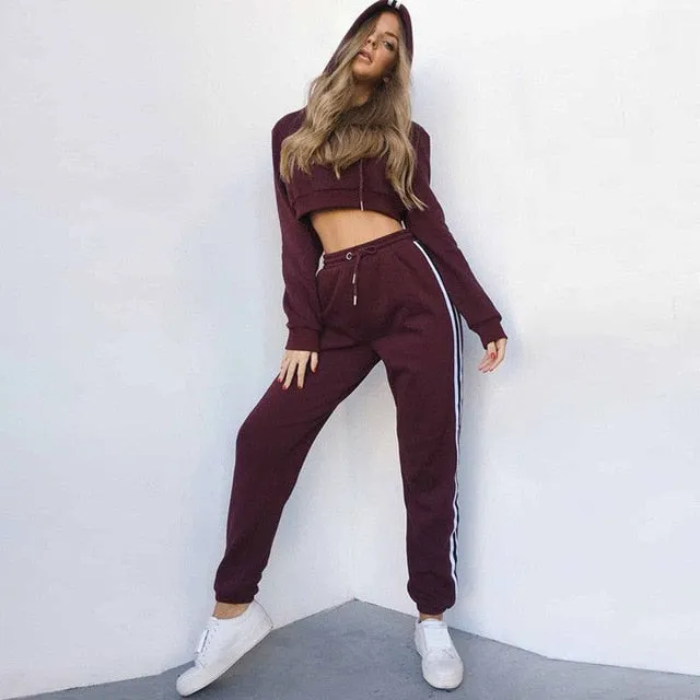 2 Pcs Women Tracksuit Hoodie Set Sweatshirt Crop Tops Long PantsCasual Set Sports Sweat Suit Leisure Wear 2020