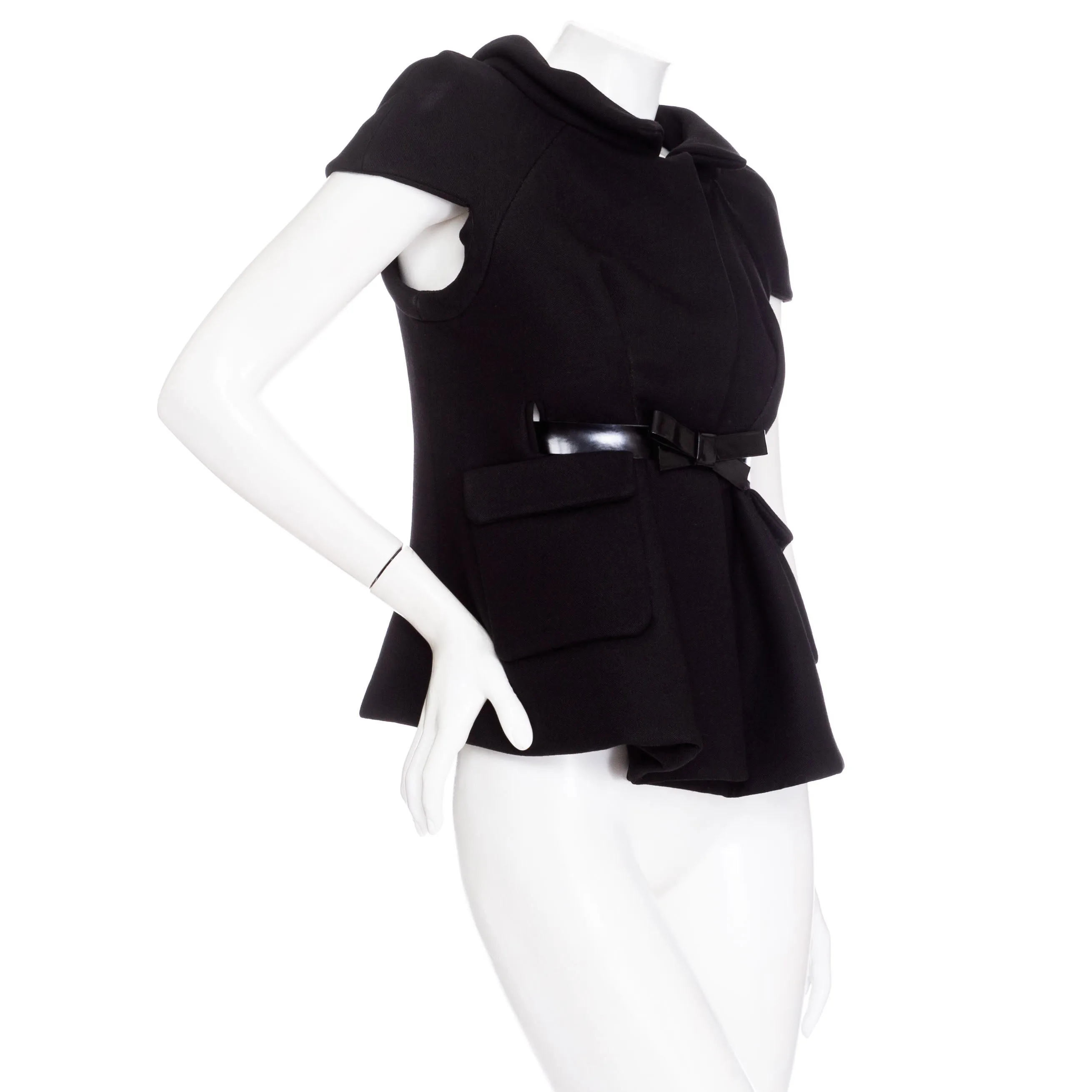 2006 Black Wool Patent Bow Belted Short Sleeve Jacket