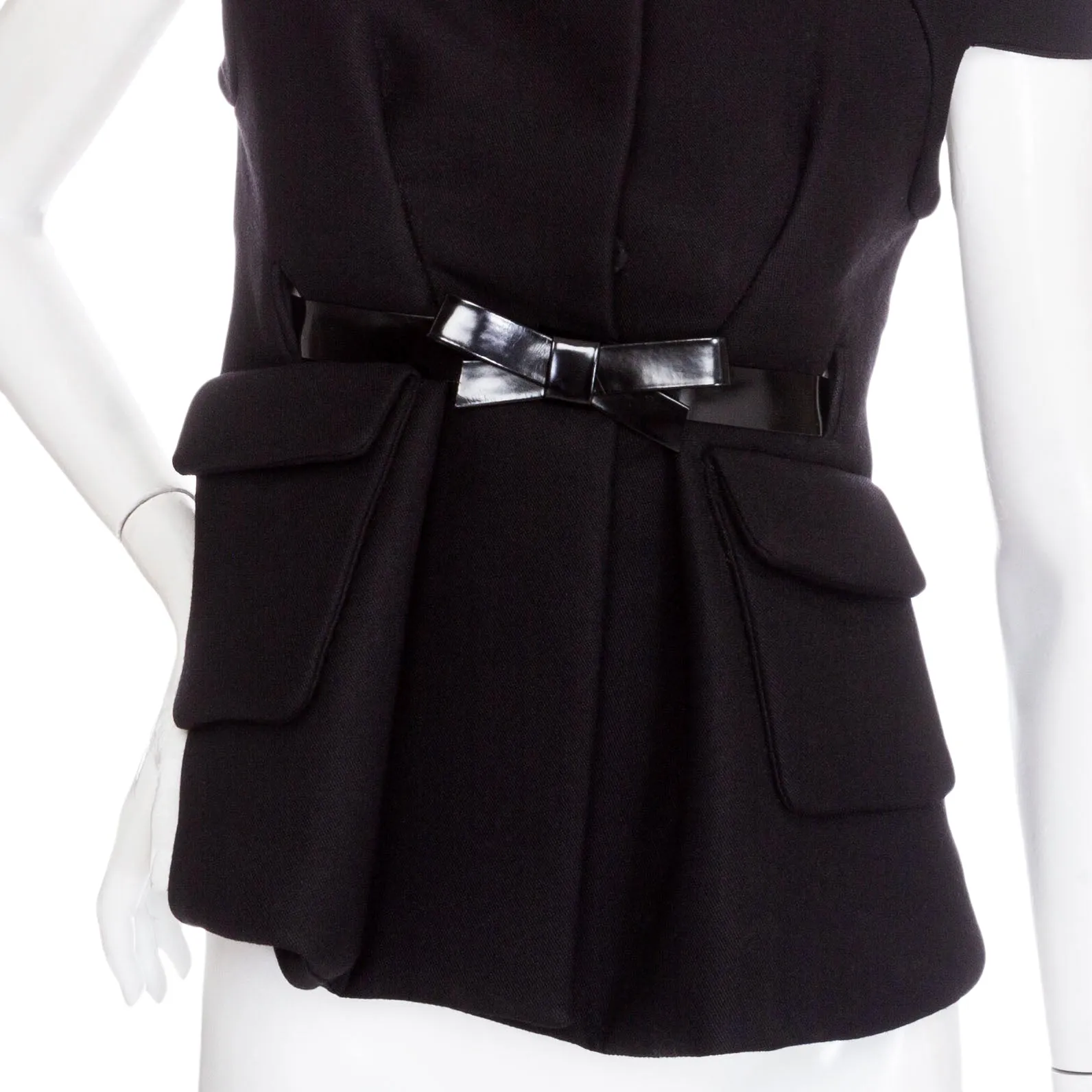 2006 Black Wool Patent Bow Belted Short Sleeve Jacket