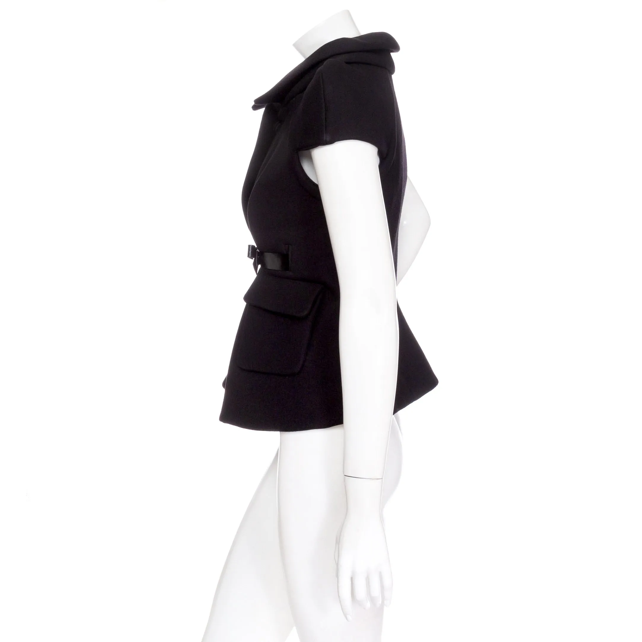 2006 Black Wool Patent Bow Belted Short Sleeve Jacket