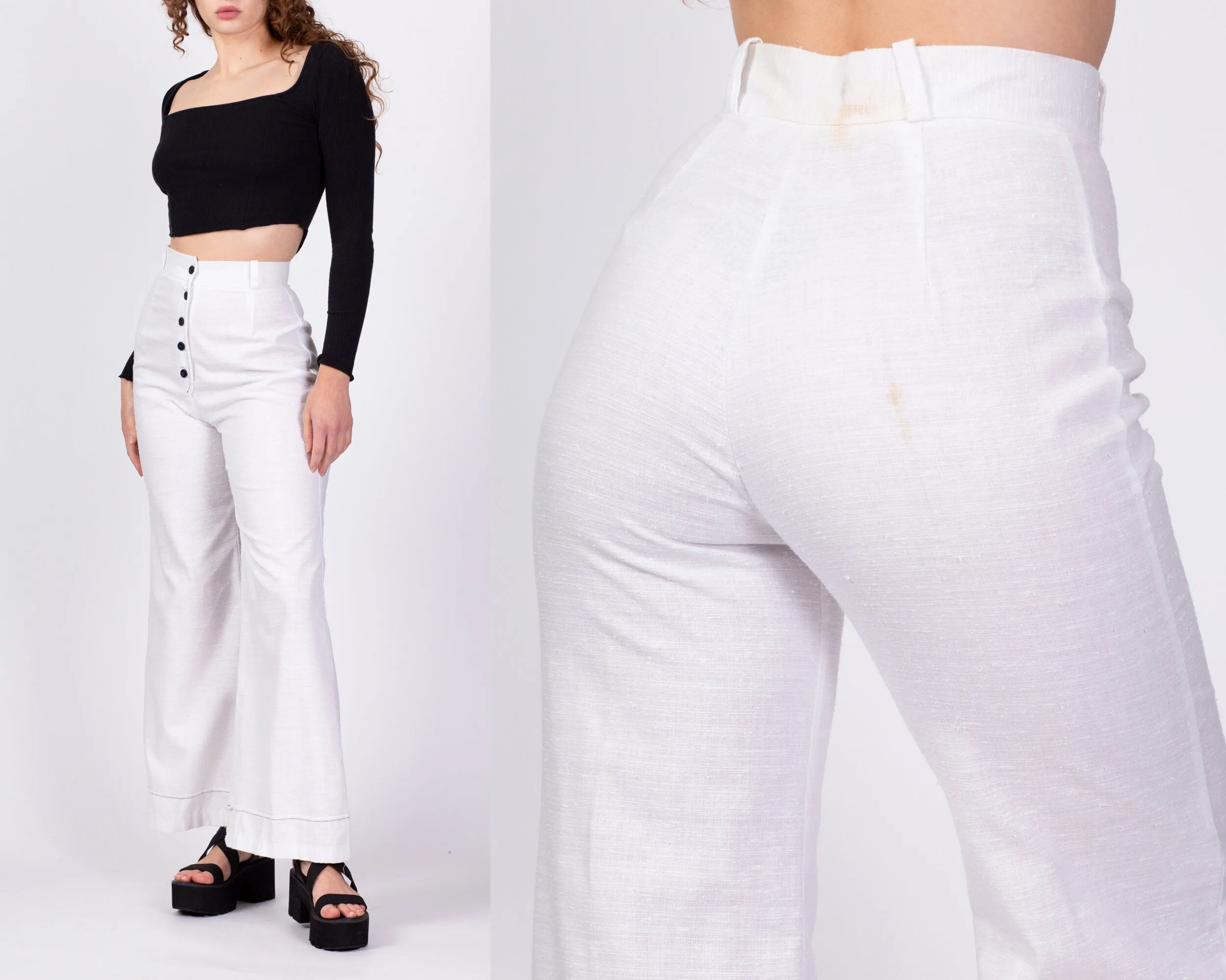 70s White Button Fly High Waisted Pants - Small, 25.5"