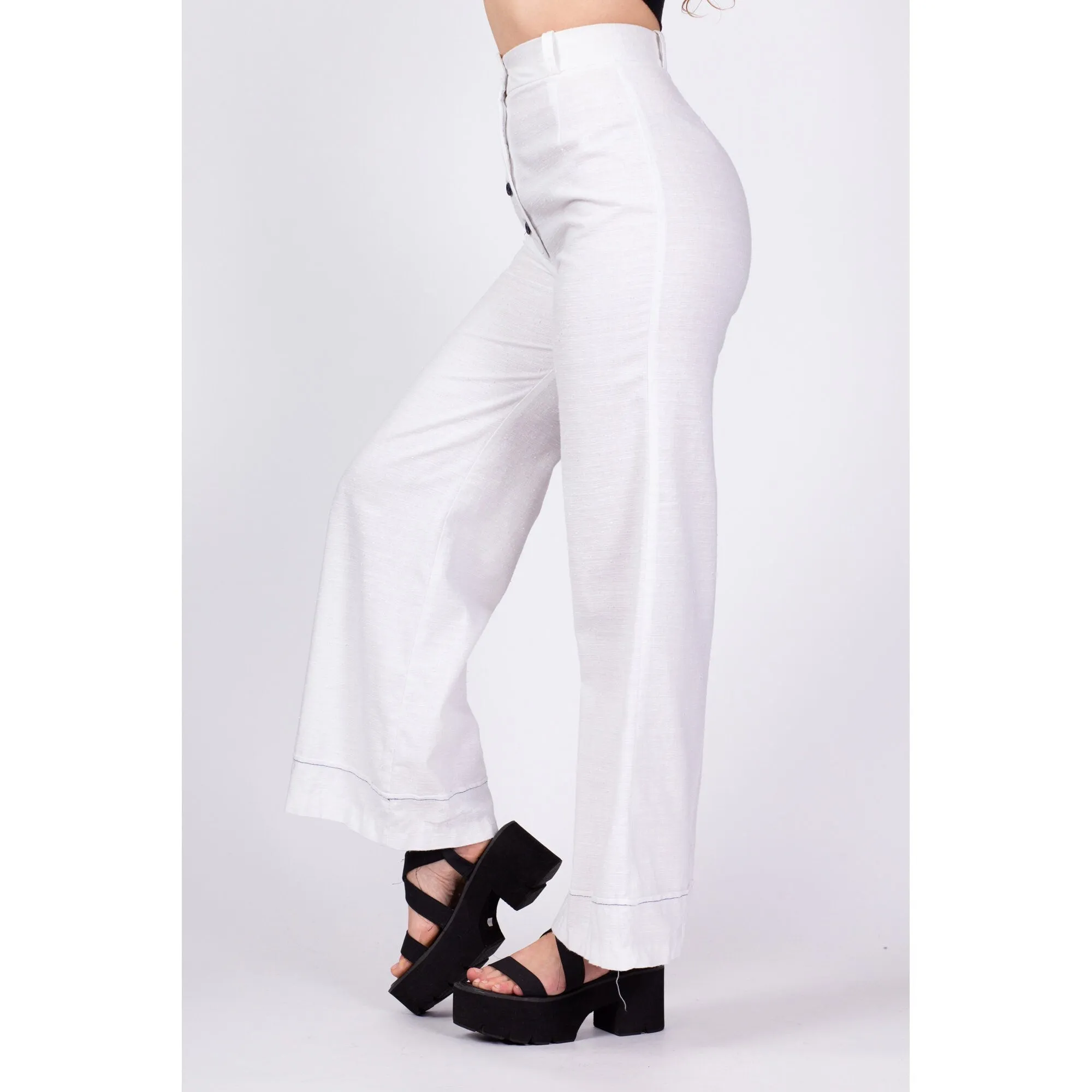 70s White Button Fly High Waisted Pants - Small, 25.5"