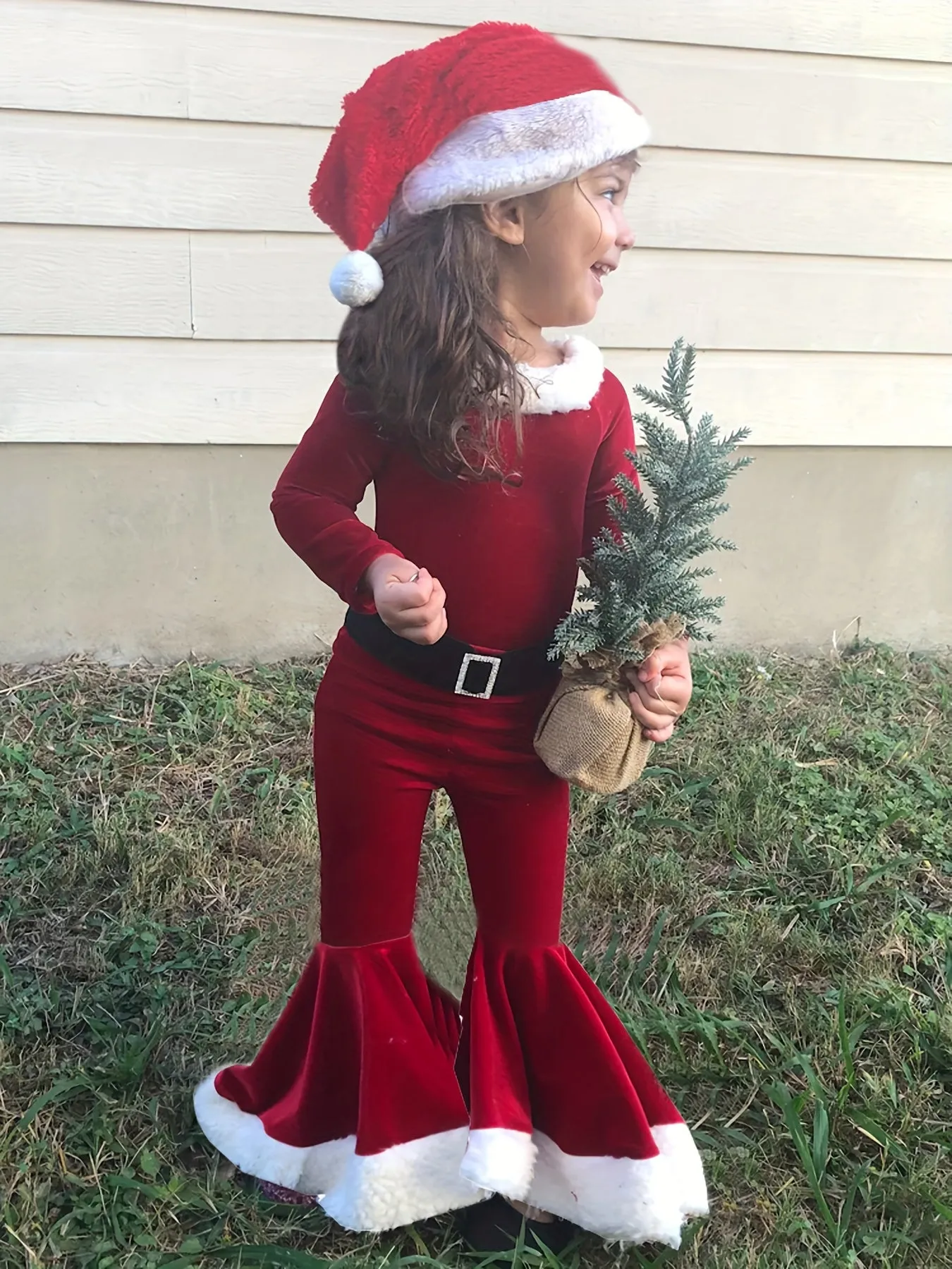 Adorable Little Girl's Festive Red Velvet Holiday Outfit - Long Sleeve Top with Flared Pants, Santa Hat, and Sparkly Details - Perfect for Christmas Parties, Family Photos, and Winter Celebrations