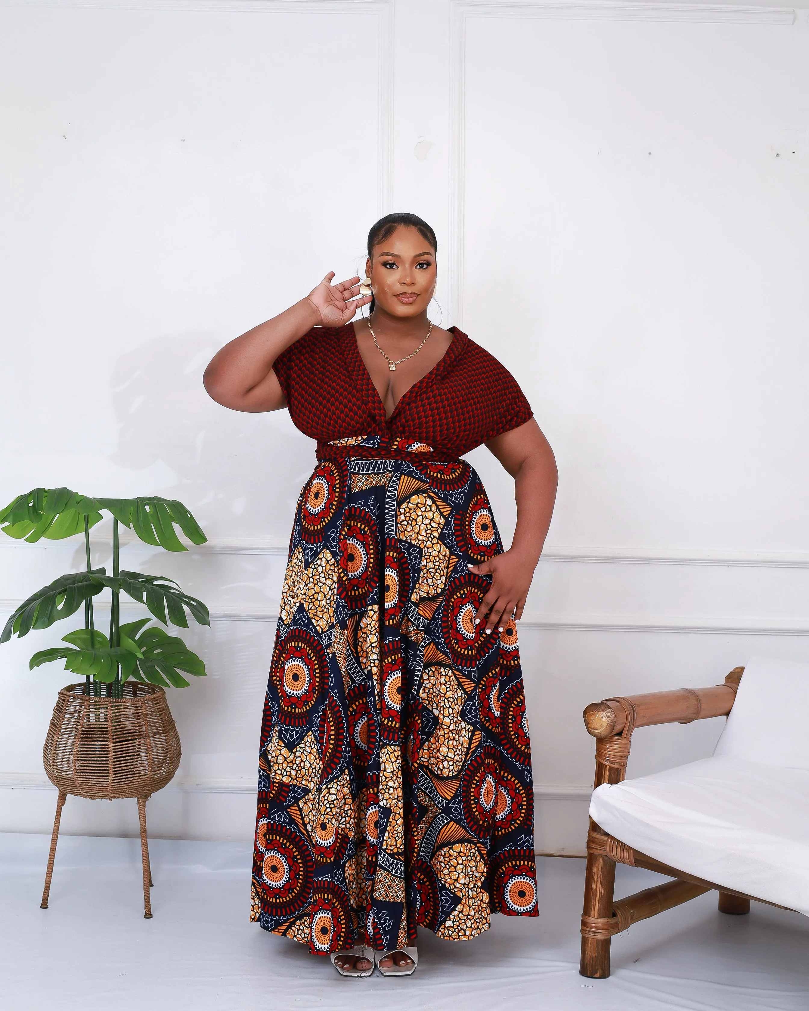 African Print Infinity Maxi Dress in Maroon - Eliora