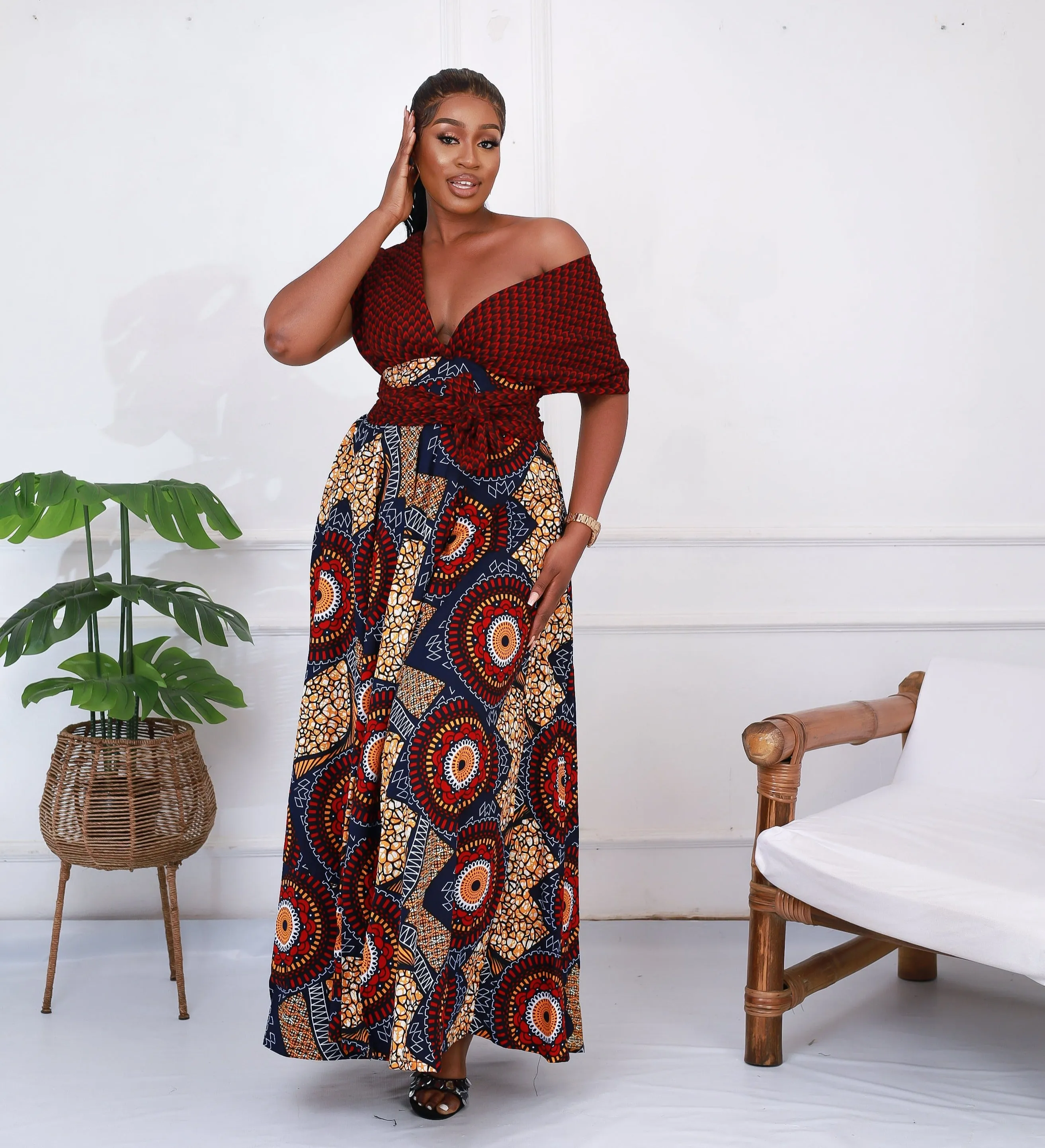 African Print Infinity Maxi Dress in Maroon - Eliora