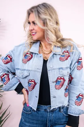 All American Diva Light Denim/Multi Color Sequin Mouth/Tongue Cropped Jacket - O5356LDN