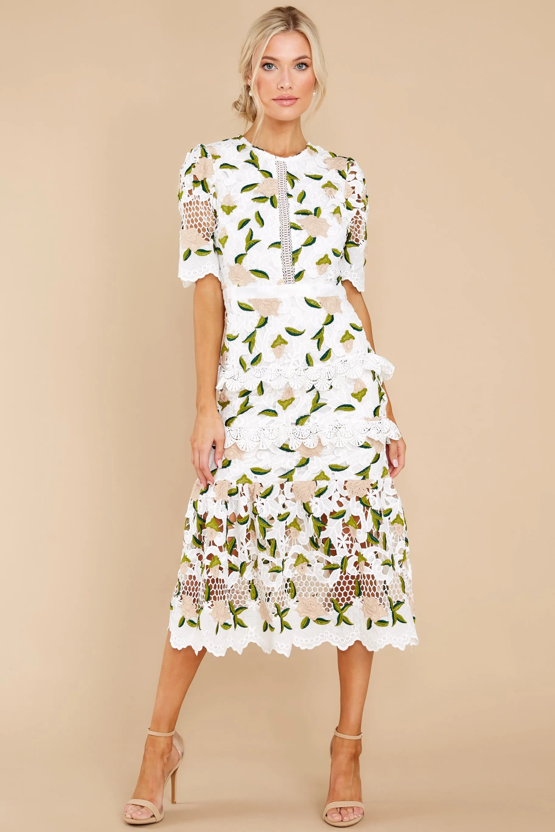 All I Wanted Tan Floral Lace Midi Dress