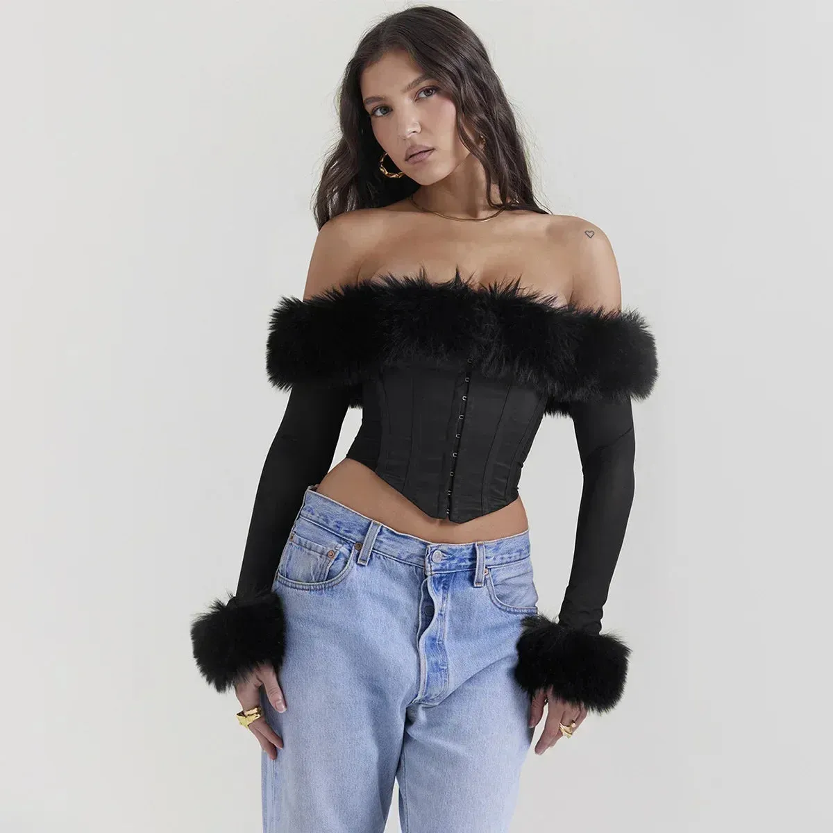 Amozae Autumn and Winter Women Tops 2023 Detachable Fur Off The Shoulder Cropped Top Sexy Black Casual Long Sleeve Blouse