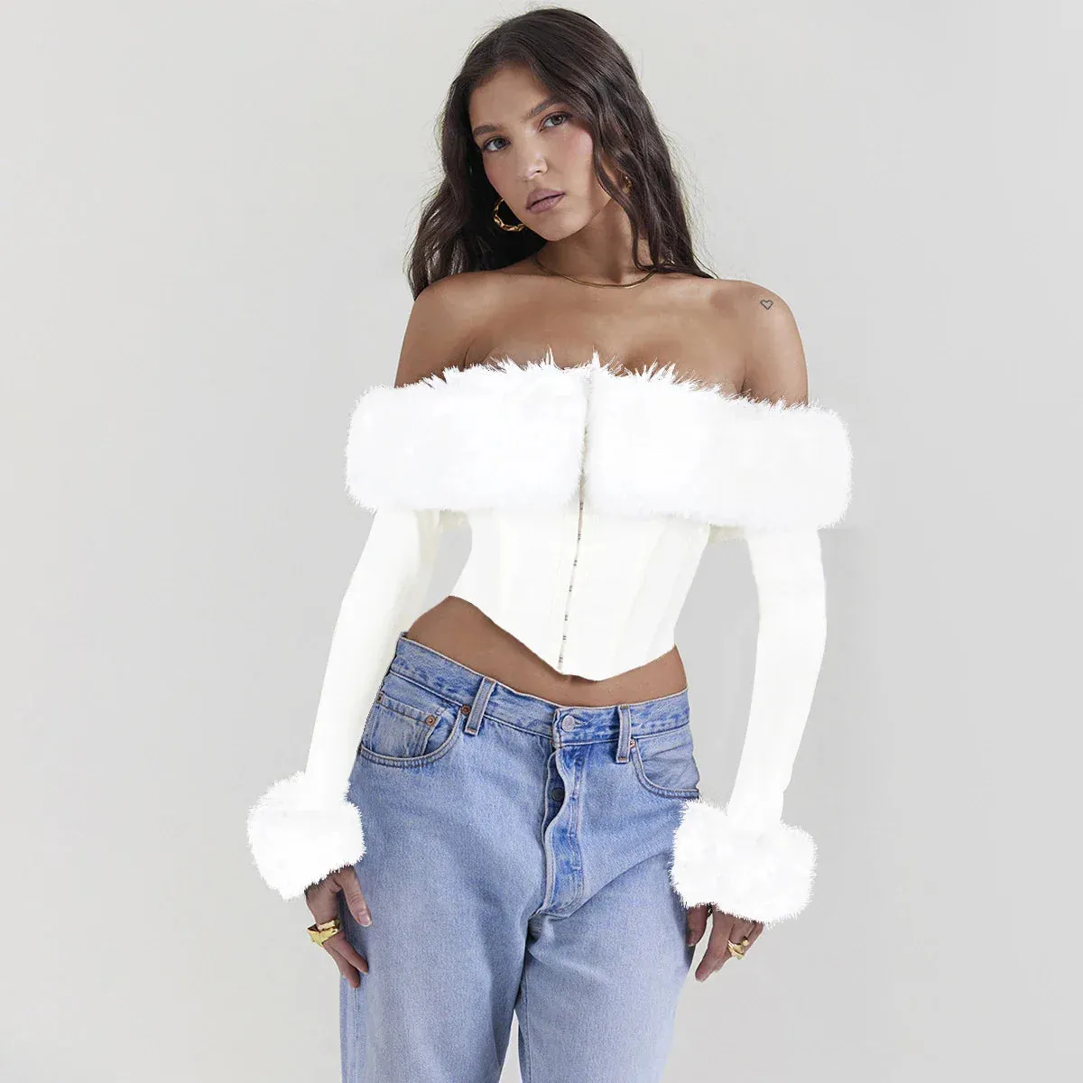 Amozae Autumn and Winter Women Tops 2023 Detachable Fur Off The Shoulder Cropped Top Sexy Black Casual Long Sleeve Blouse