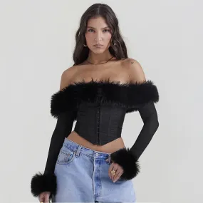 Amozae Autumn and Winter Women Tops 2023 Detachable Fur Off The Shoulder Cropped Top Sexy Black Casual Long Sleeve Blouse