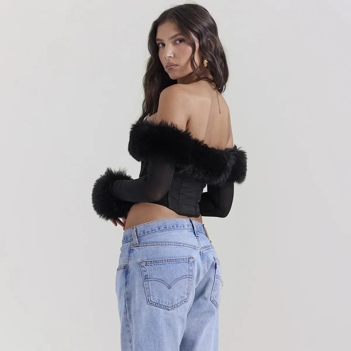 Amozae Autumn and Winter Women Tops 2023 Detachable Fur Off The Shoulder Cropped Top Sexy Black Casual Long Sleeve Blouse