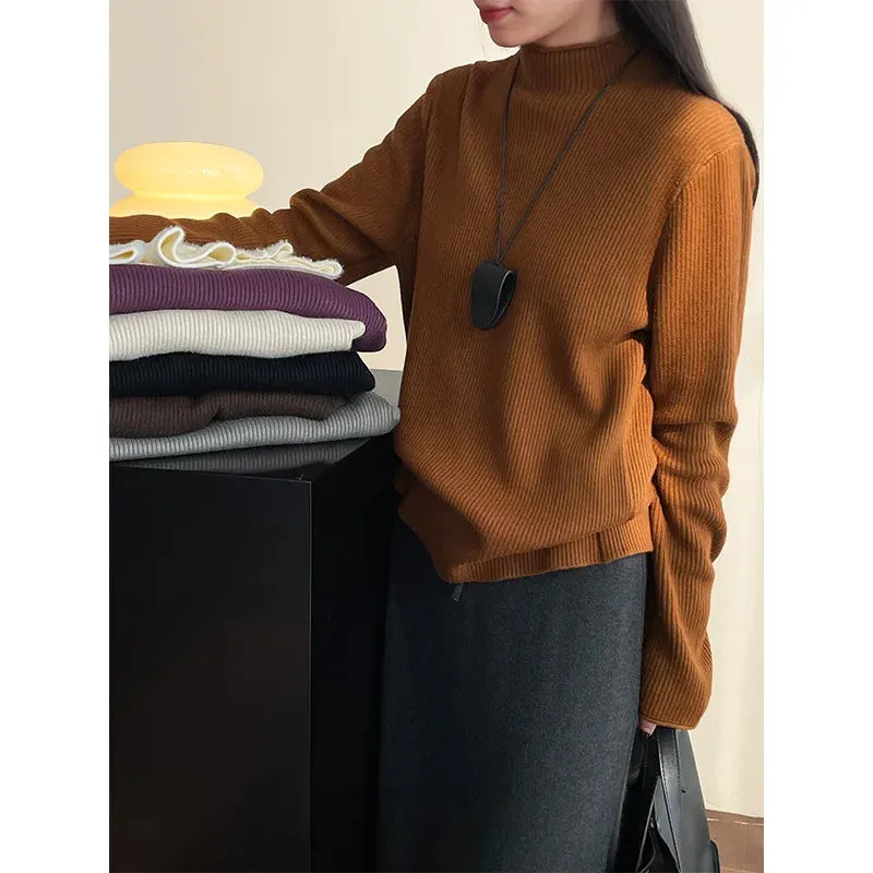 Amozae-Autumn Casual Outfits Amozae-Inner Mink Fur Sweater, Warm Base Knitted Top, Half Height Neck, Velvet