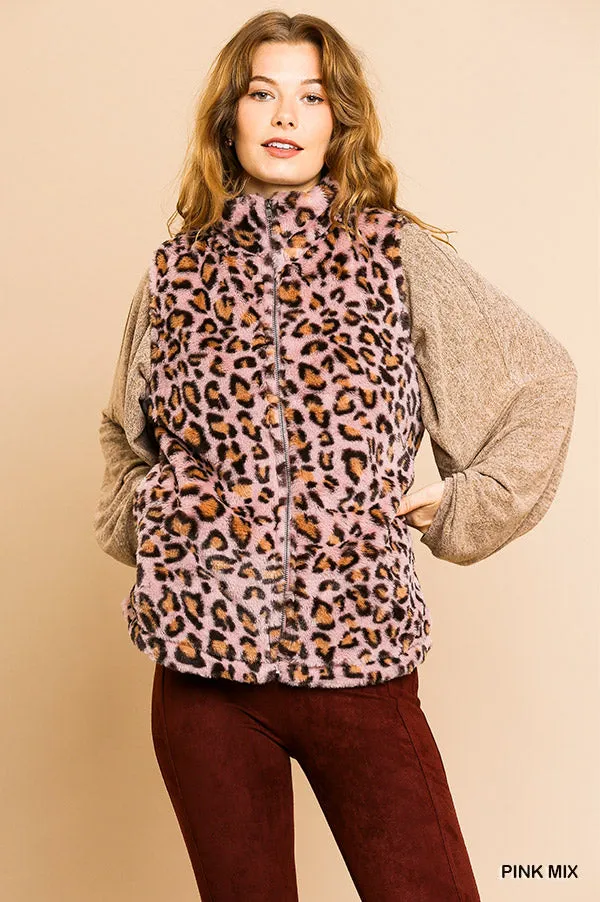 Animal Print Sleeveless Fuzzy Zip Front Vest with Pockets