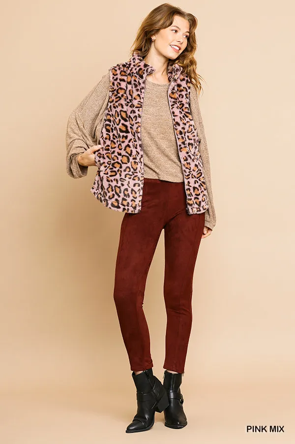 Animal Print Sleeveless Fuzzy Zip Front Vest with Pockets