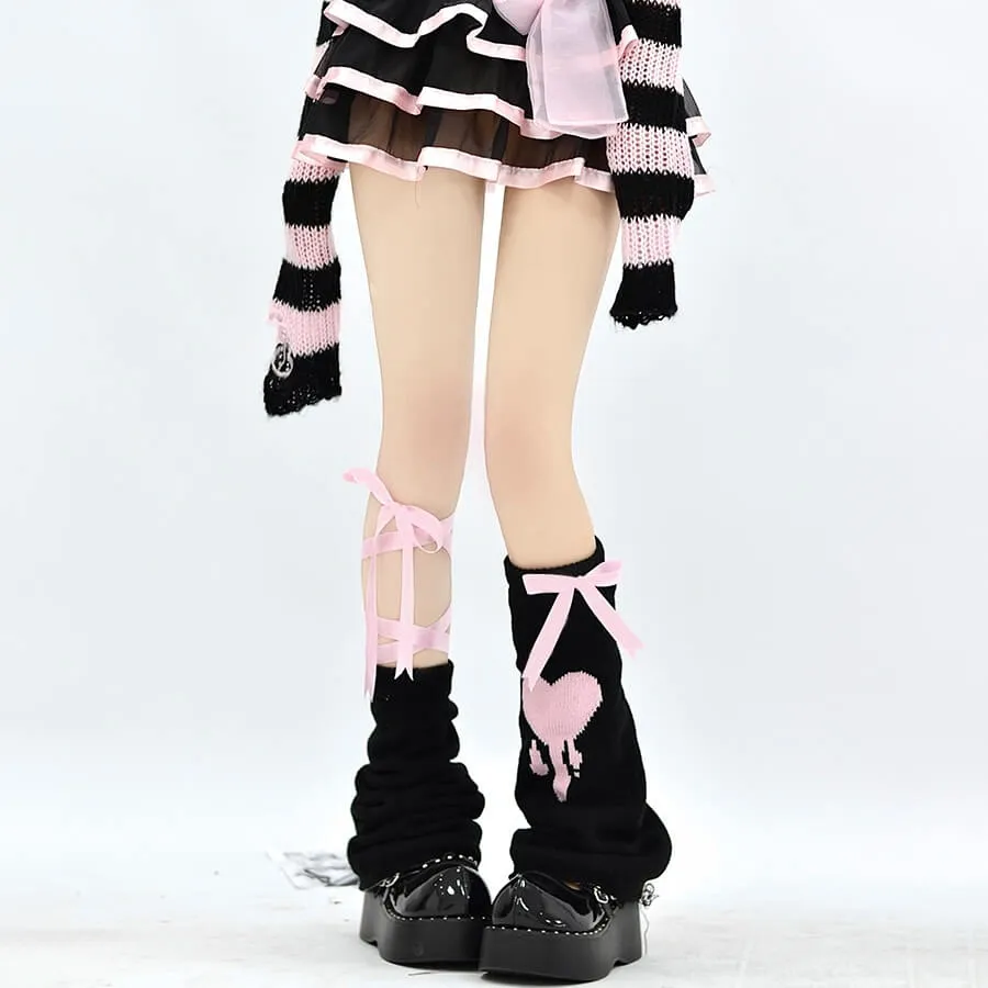 Asymmetry pink ribbon leg warmer