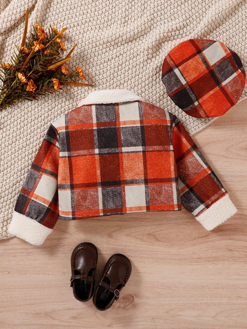 Autumn and Winter Girls' Plaid Fur Collar Stitching Fur Sleeves Jacket With Hat Wholesale Girls Clothes