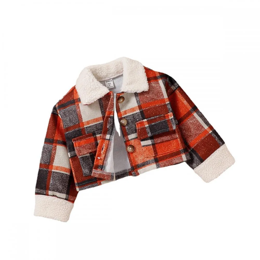 Autumn and Winter Girls' Plaid Fur Collar Stitching Fur Sleeves Jacket With Hat Wholesale Girls Clothes