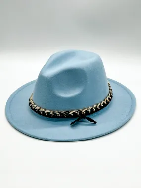 Baby Blue Fedora Hat with Removable Gold Chain Band