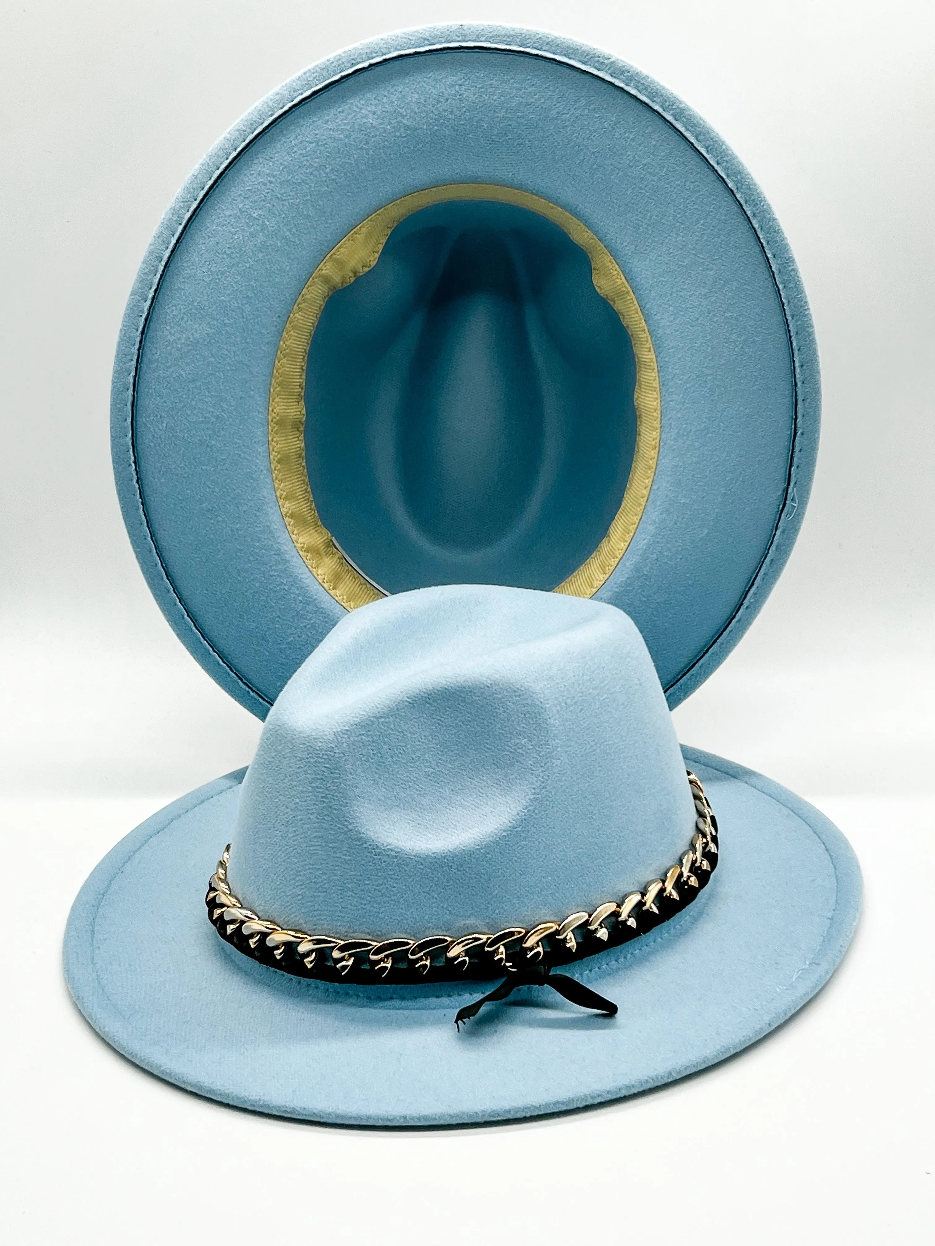 Baby Blue Fedora Hat with Removable Gold Chain Band