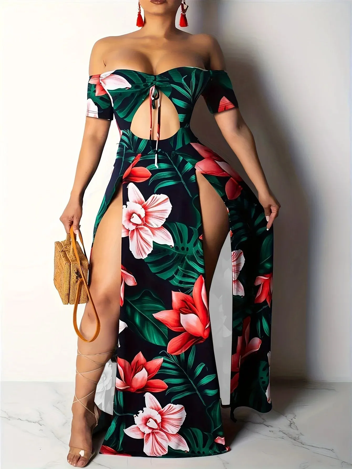 Beach Style Off Shoulder High Slit Vibrant Floral Dresses