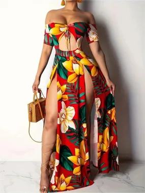 Beach Style Off Shoulder High Slit Vibrant Floral Dresses