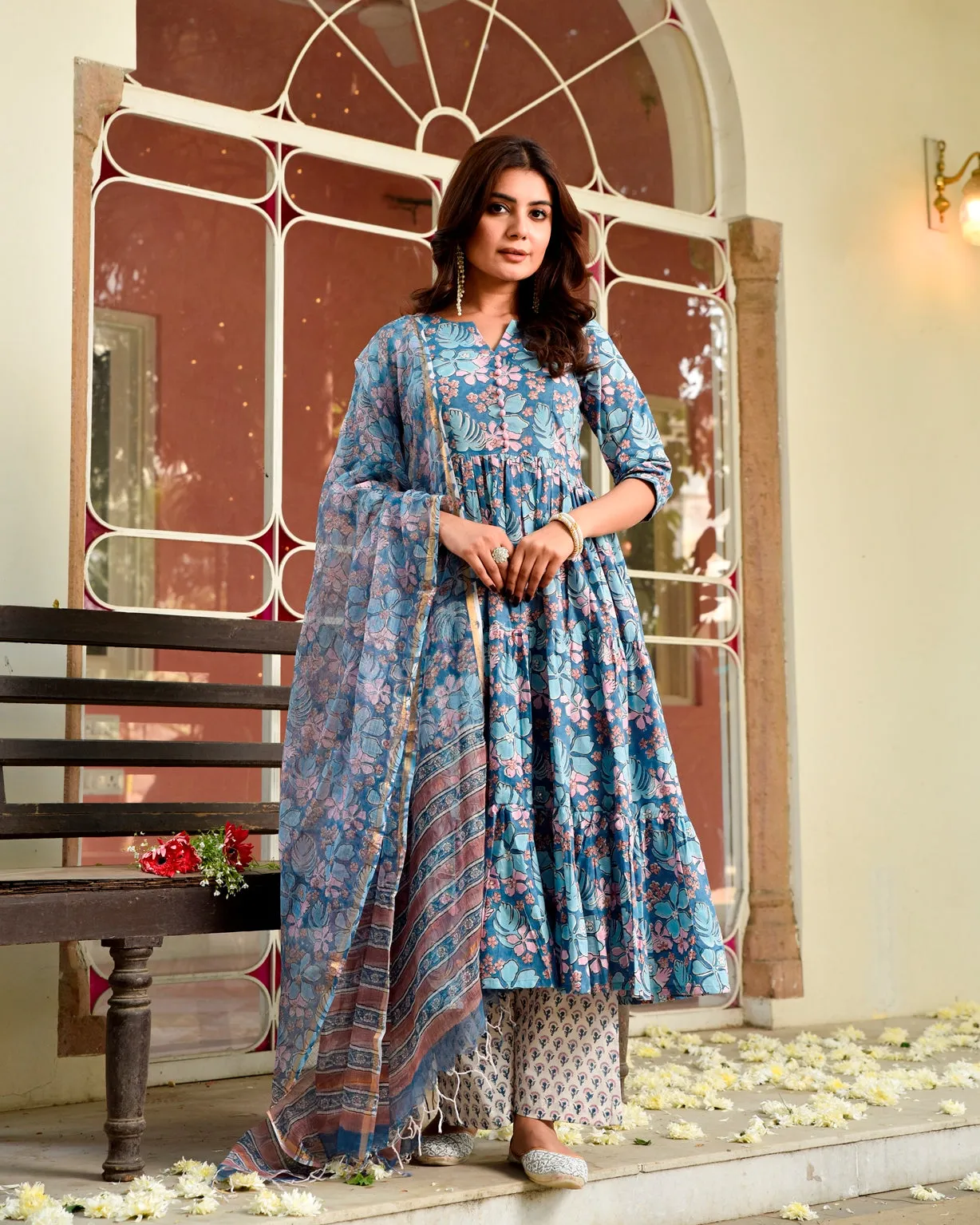 Begu Blue Floral Anarkali Suit Set