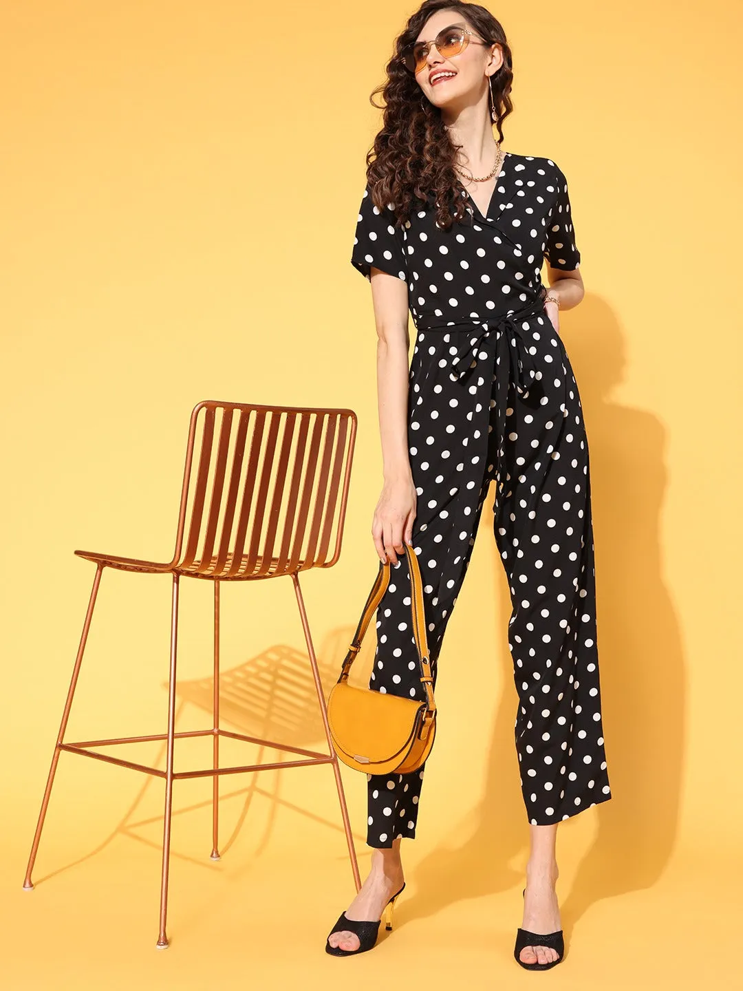 Berrylush Women Black & White Polka Dot Printed Shawl Neck Culotte Jumpsuit