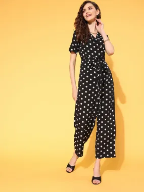 Berrylush Women Black & White Polka Dot Printed Shawl Neck Culotte Jumpsuit