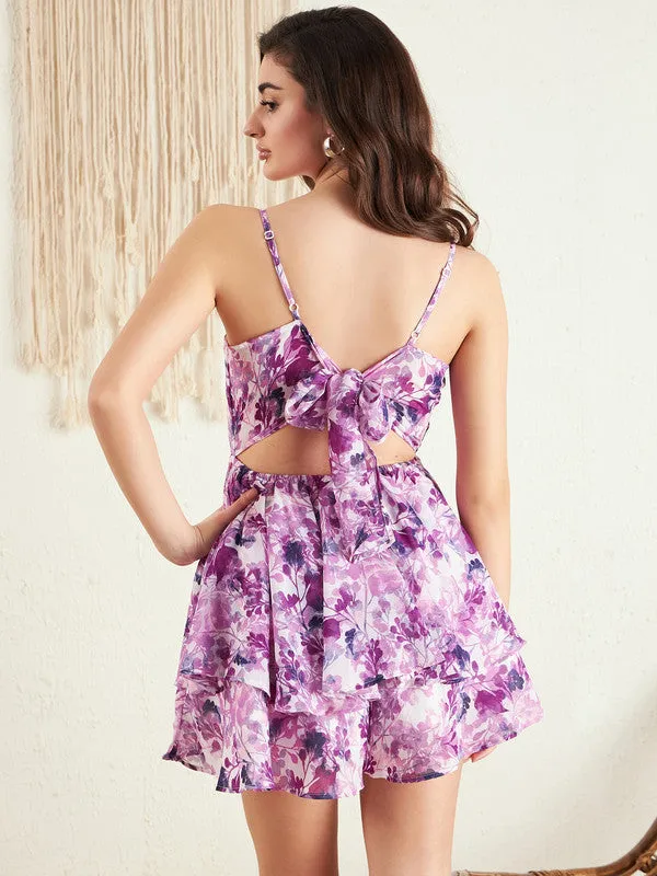 Berrylush Women White & Purple Floral Printed V-Neck Sleeveless Back Tie-Up Cutout Layered Mini Jumpsuit