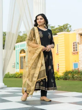 Black & Gold Handblock Printed Rayon Flared Kurta Set (Set of 3)