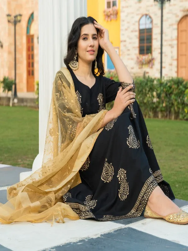 Black & Gold Handblock Printed Rayon Flared Kurta Set (Set of 3)