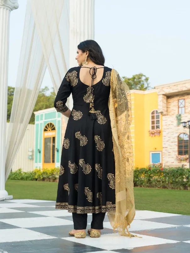 Black & Gold Handblock Printed Rayon Flared Kurta Set (Set of 3)