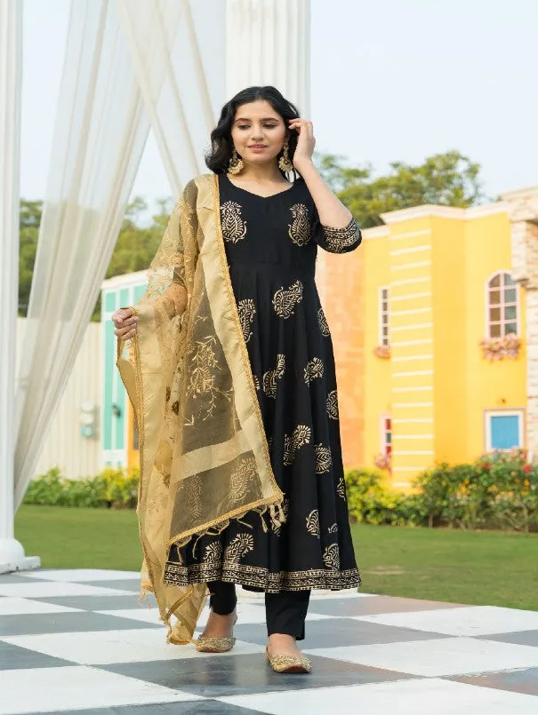 Black & Gold Handblock Printed Rayon Flared Kurta Set (Set of 3)