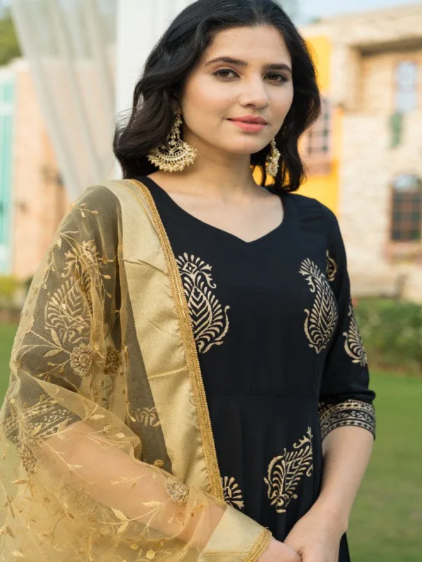 Black & Gold Handblock Printed Rayon Flared Kurta Set (Set of 3)