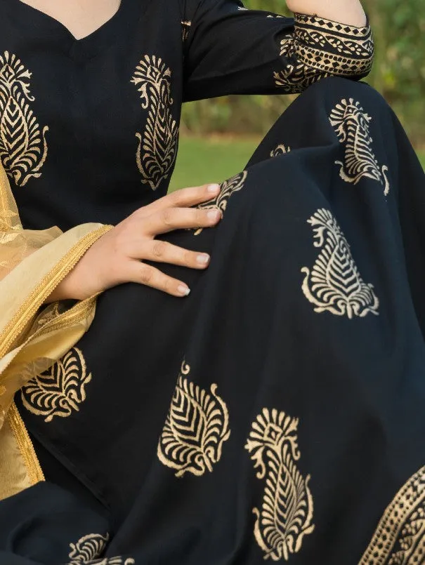 Black & Gold Handblock Printed Rayon Flared Kurta Set (Set of 3)