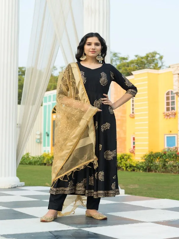 Black & Gold Handblock Printed Rayon Flared Kurta Set (Set of 3)