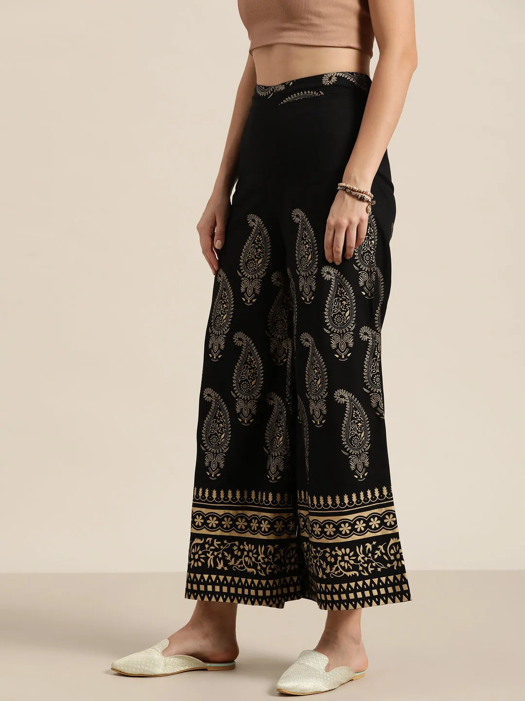 Black Paisely Foil Print Flared Palazzo