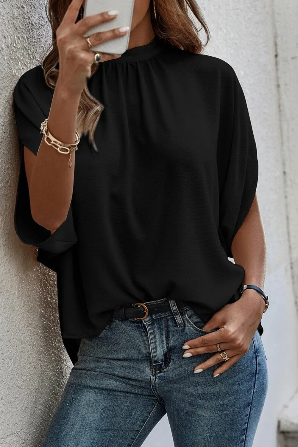 Black Solid Color Batwing Sleeve Knotted Blouse