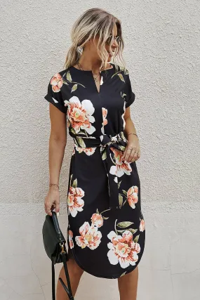 Black Tie Waist Midi Flower Dress