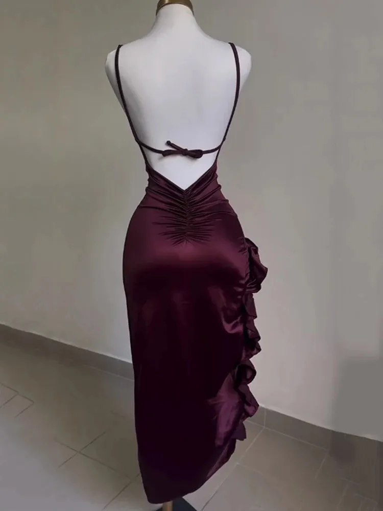 Bodycon Long Dress Backless Strapless Ruffles Fork Party Club Streetwear Elegant Evening Dress