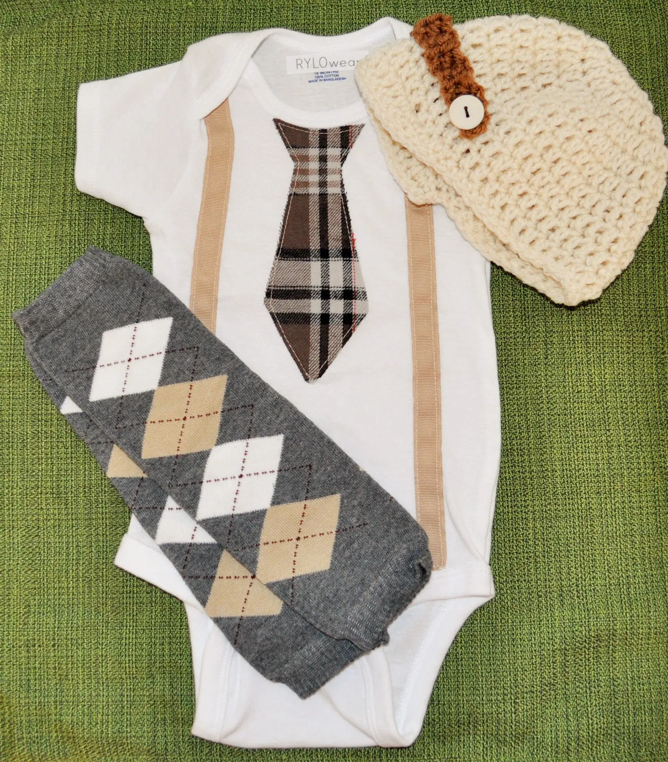 boy plaid argyle tie and suspenders with brown cream and grey tie bodysuit and suspenders with baby leg warmers and crochet hat, cake smash