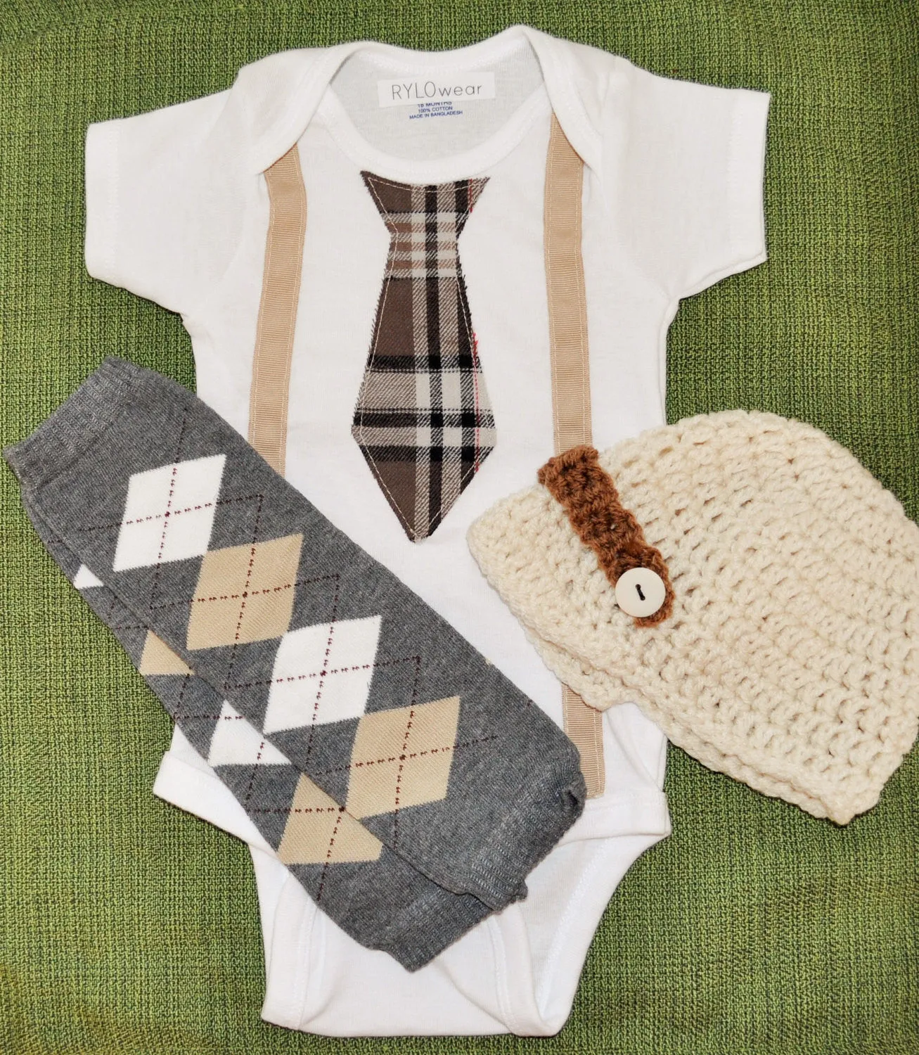 boy plaid argyle tie and suspenders with brown cream and grey tie bodysuit and suspenders with baby leg warmers and crochet hat, cake smash