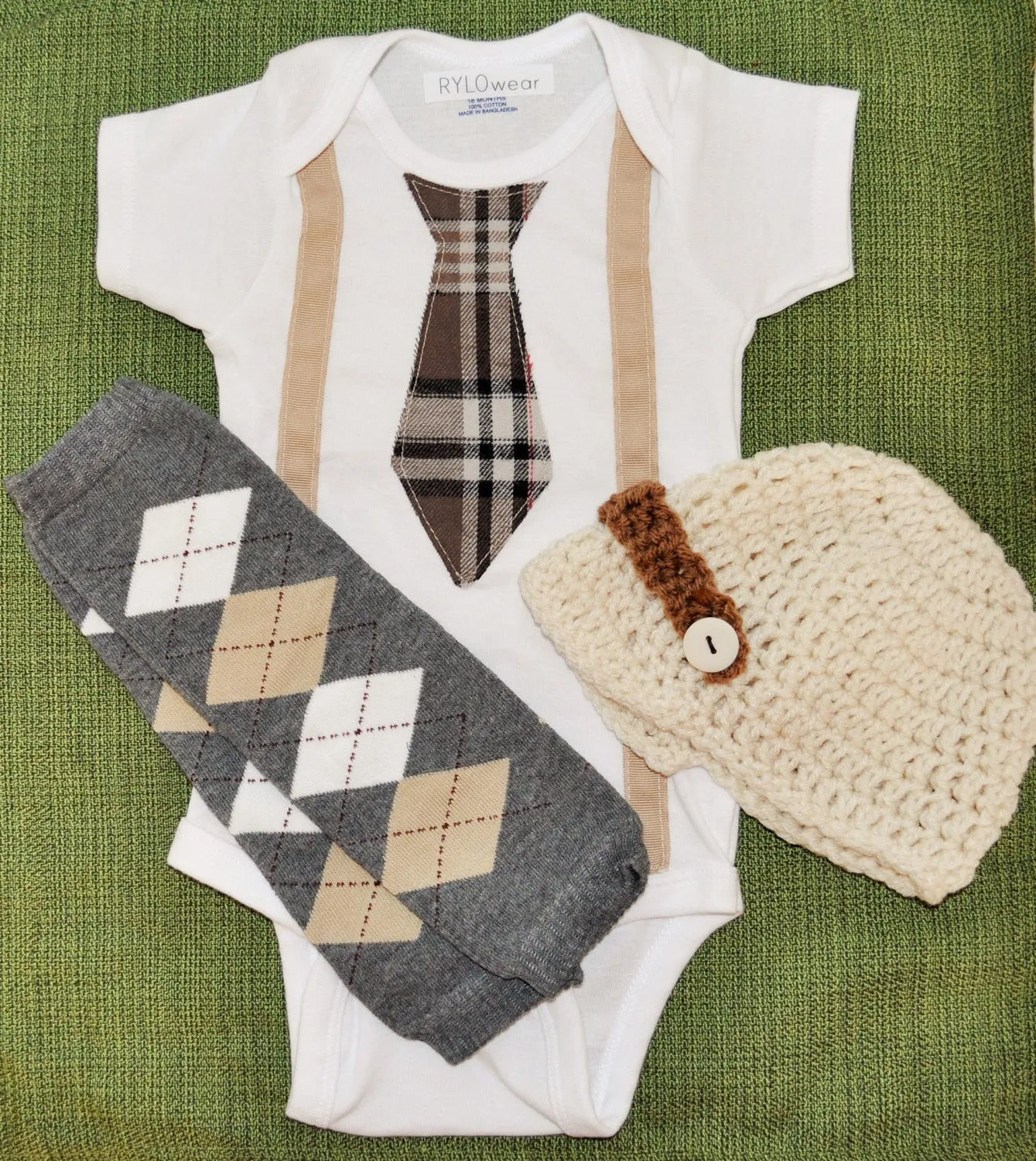 boy plaid argyle tie and suspenders with brown cream and grey tie bodysuit and suspenders with baby leg warmers and crochet hat, cake smash