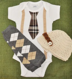 boy plaid argyle tie and suspenders with brown cream and grey tie bodysuit and suspenders with baby leg warmers and crochet hat, cake smash