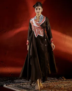 Brown Embroidered Raw Silk Tunic with Pants