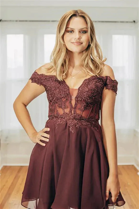 Brown Off Shoulders Lace Top Homecoming Dress