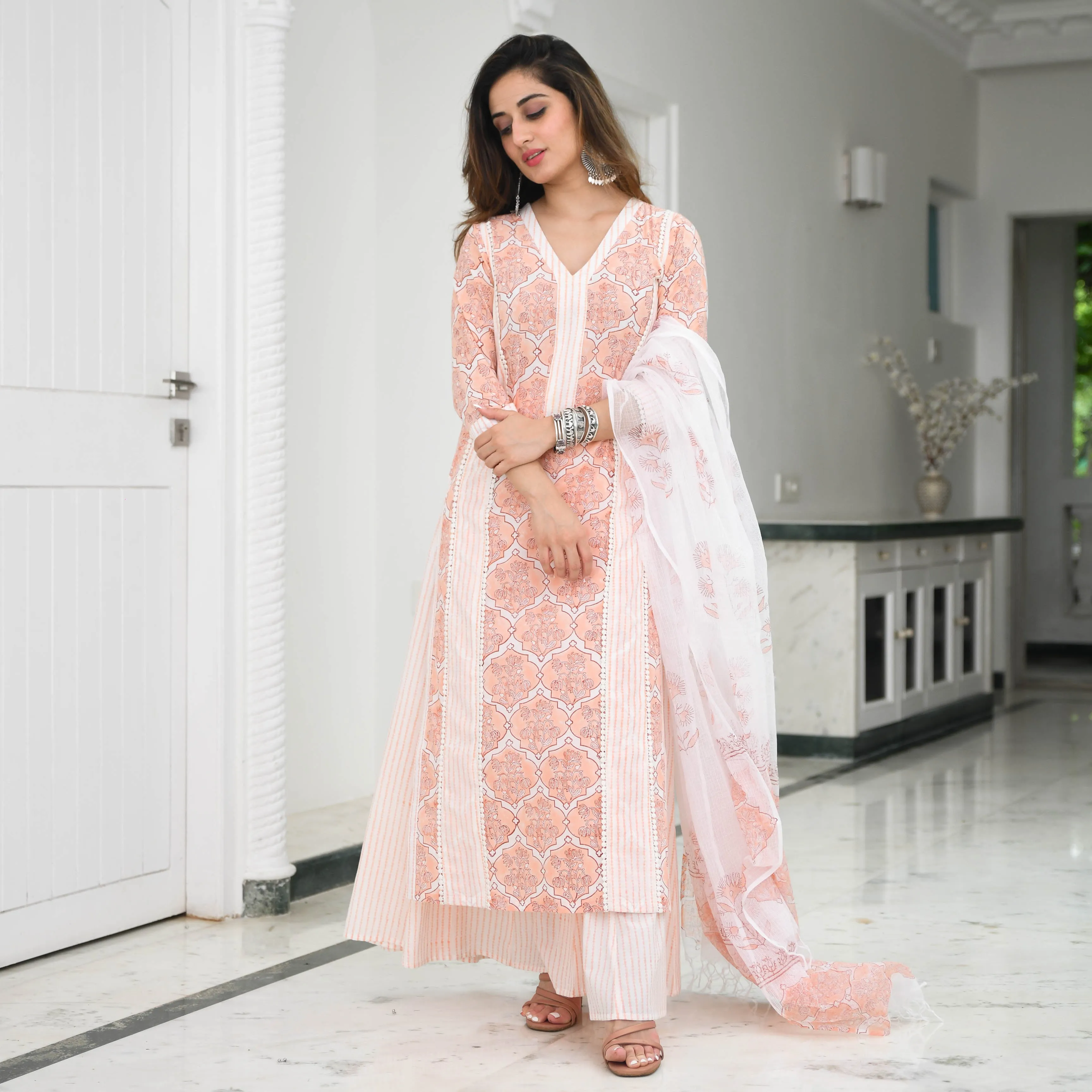 Bunaai Burnt Peach Printed Cotton Suit