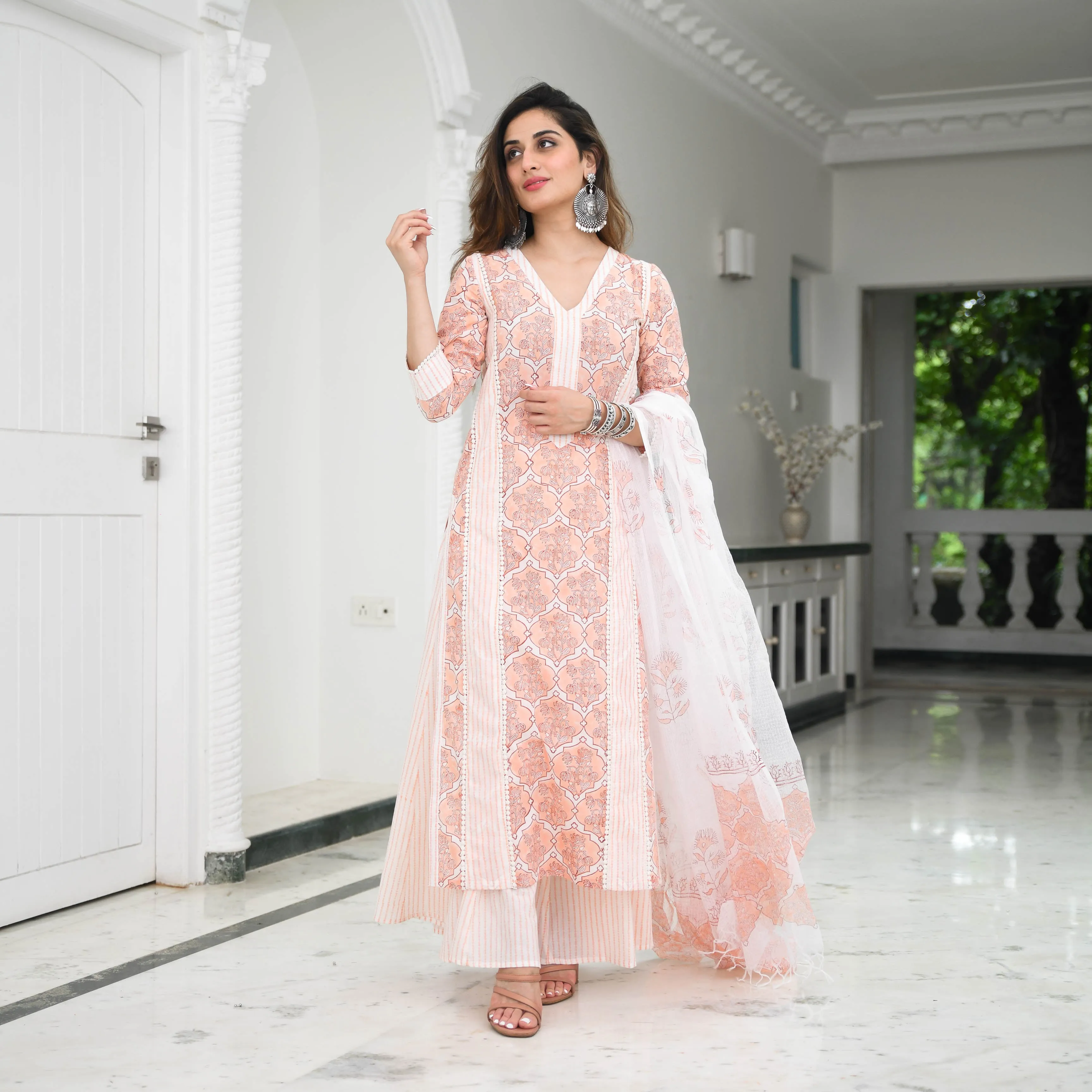 Bunaai Burnt Peach Printed Cotton Suit