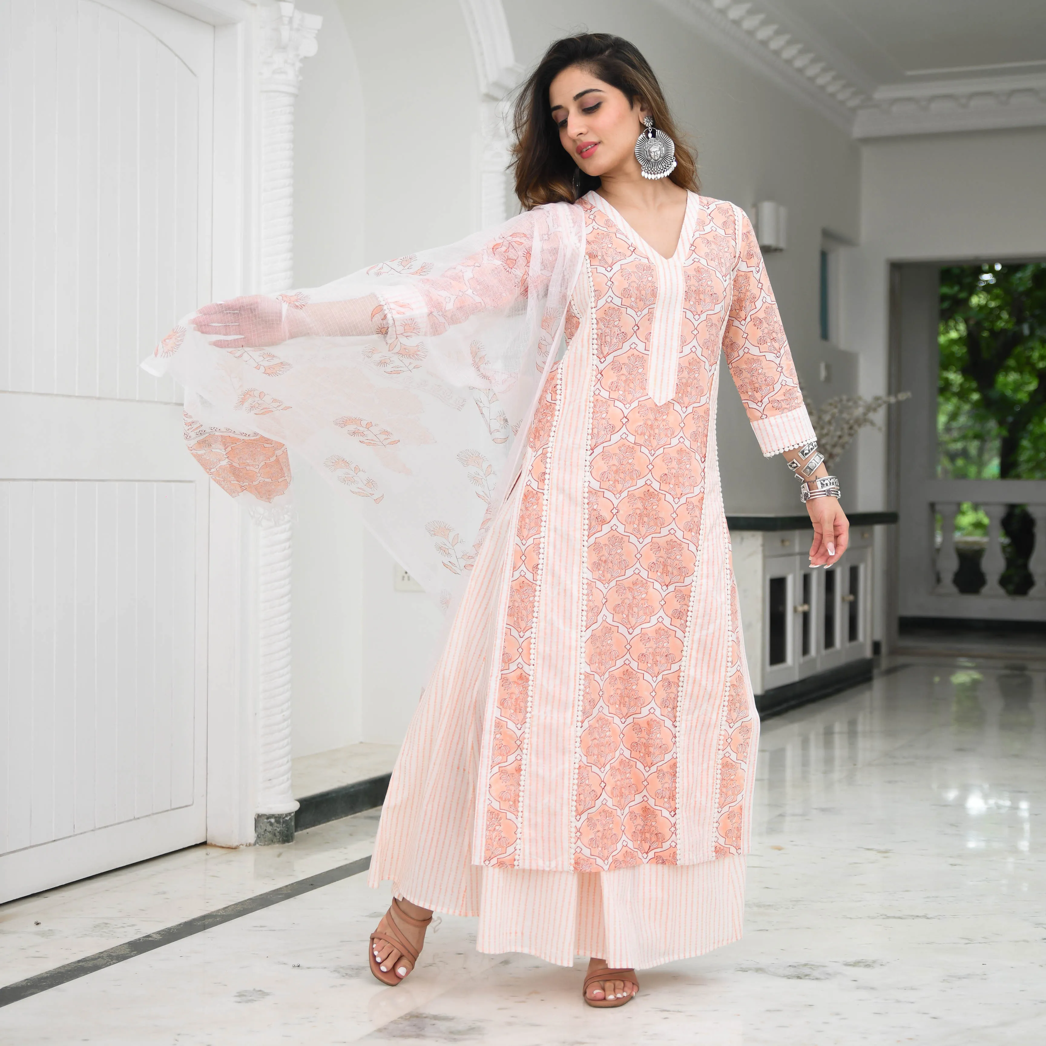 Bunaai Burnt Peach Printed Cotton Suit